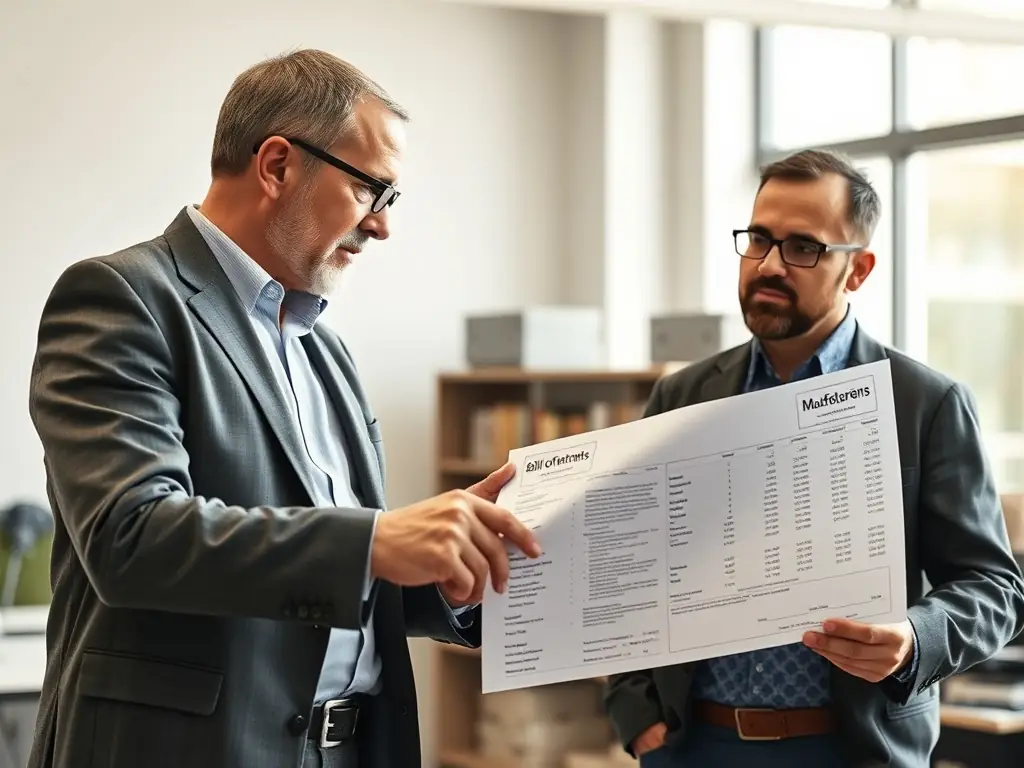A consultant presenting a detailed Bill of Materials to a manufacturing client, highlighting improvements in material usage and waste reduction, with a focus on enhancing product quality.
