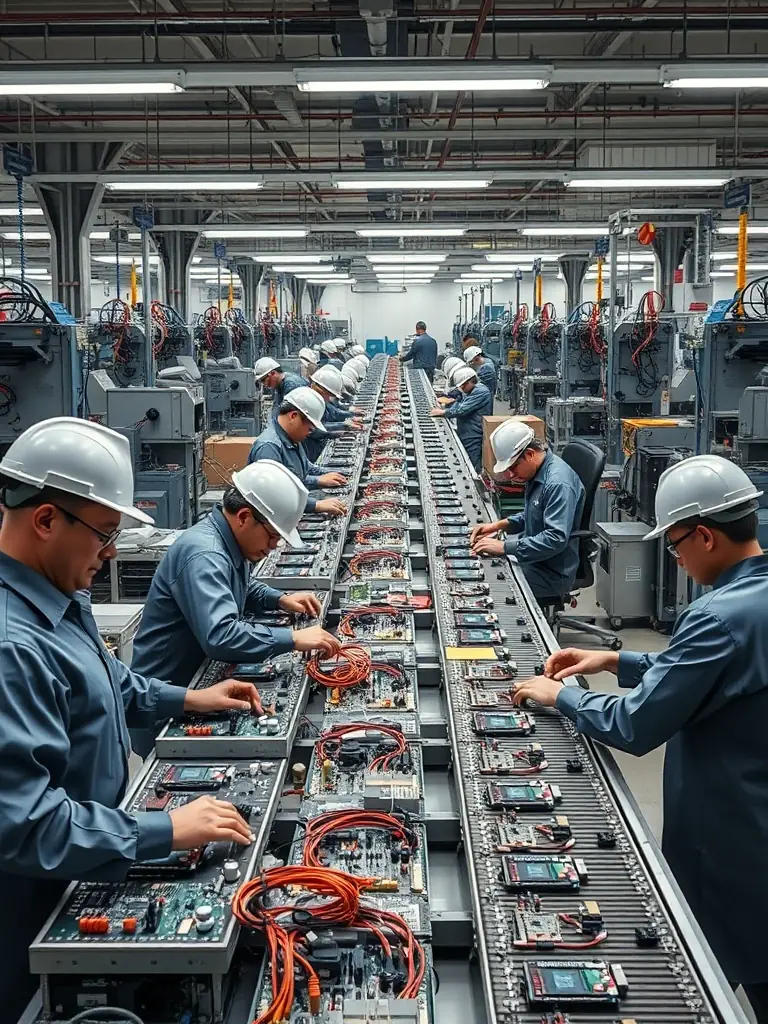 A photograph of a manufacturing floor with workers assembling products, representing the manufacturing support services provided by System Operations Solutions (SOS).