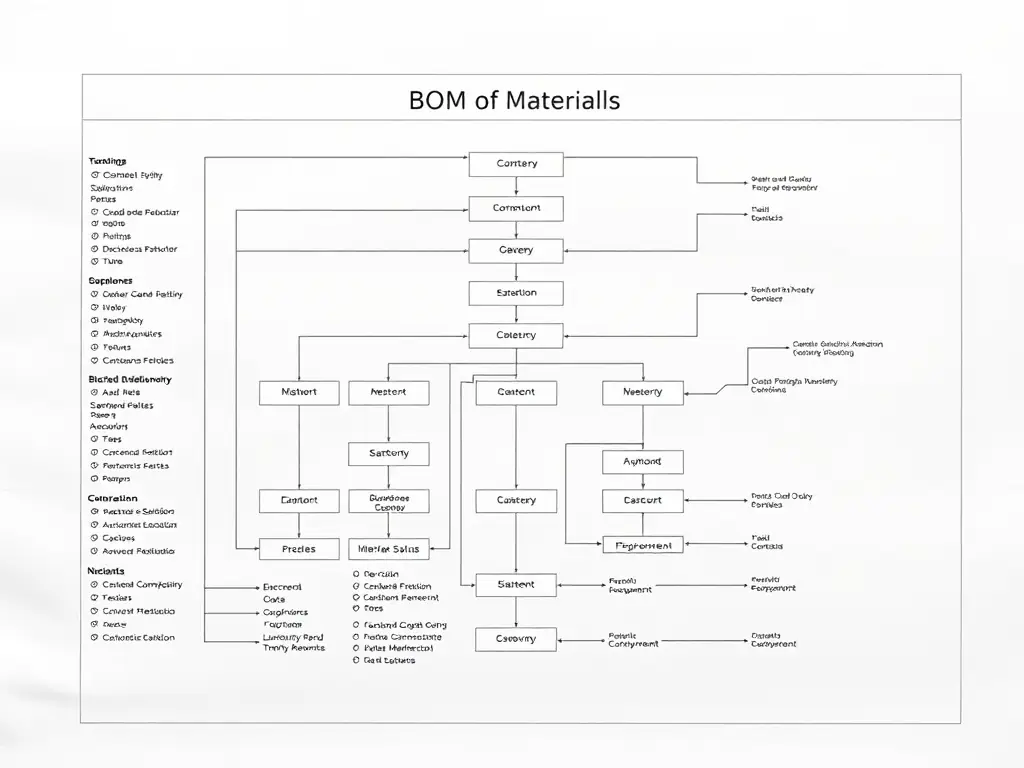 A detailed technical drawing of a Bill of Materials (BOM) for a complex assembly, highlighting the hierarchical structure and relationships between components, used in the context of SOS's BOM creation services.
