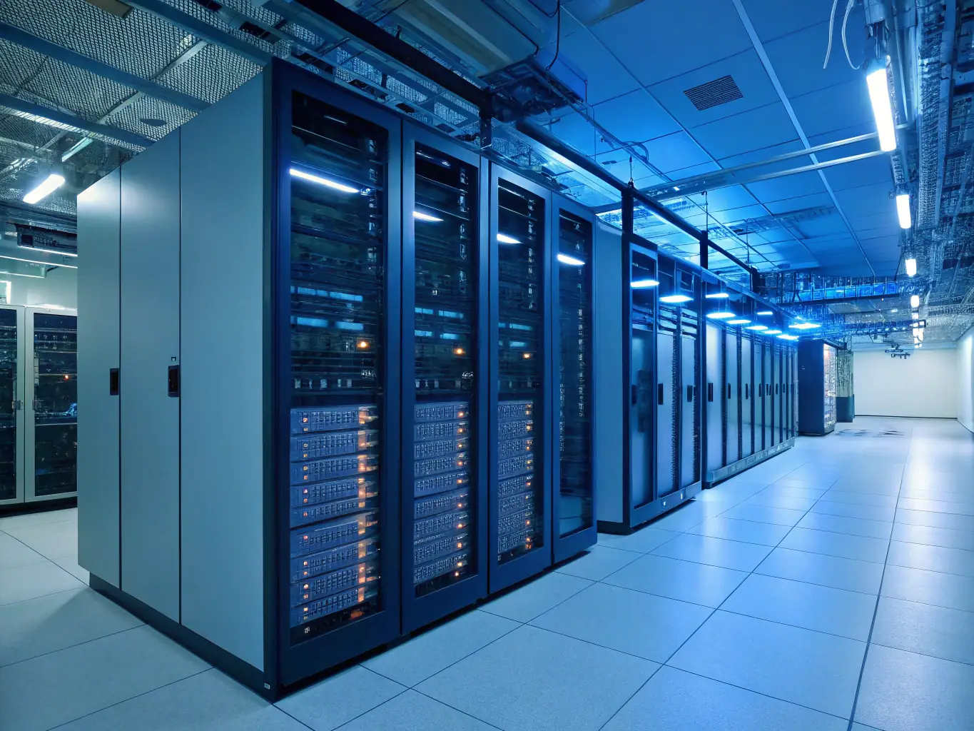 A secure data center with servers and blinking lights, symbolizing the security and reliability of ISOProSolutions' data management services.