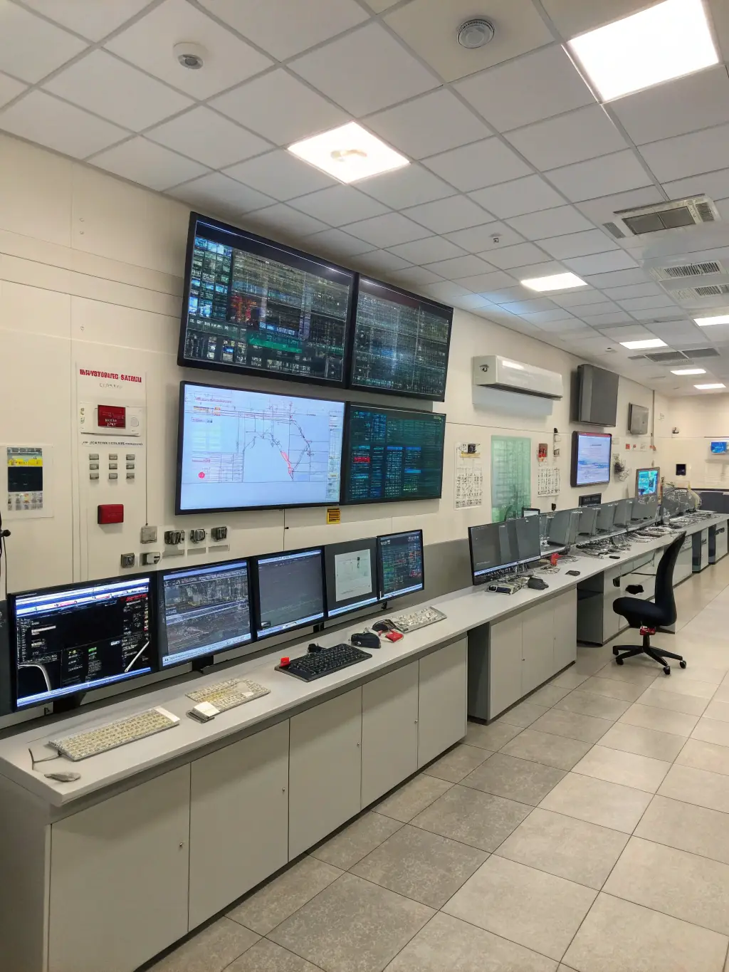 A detailed photograph of a well-organized control room with multiple screens displaying system metrics and data visualizations, representing system integration services offered by System Operations Solutions (SOS).
