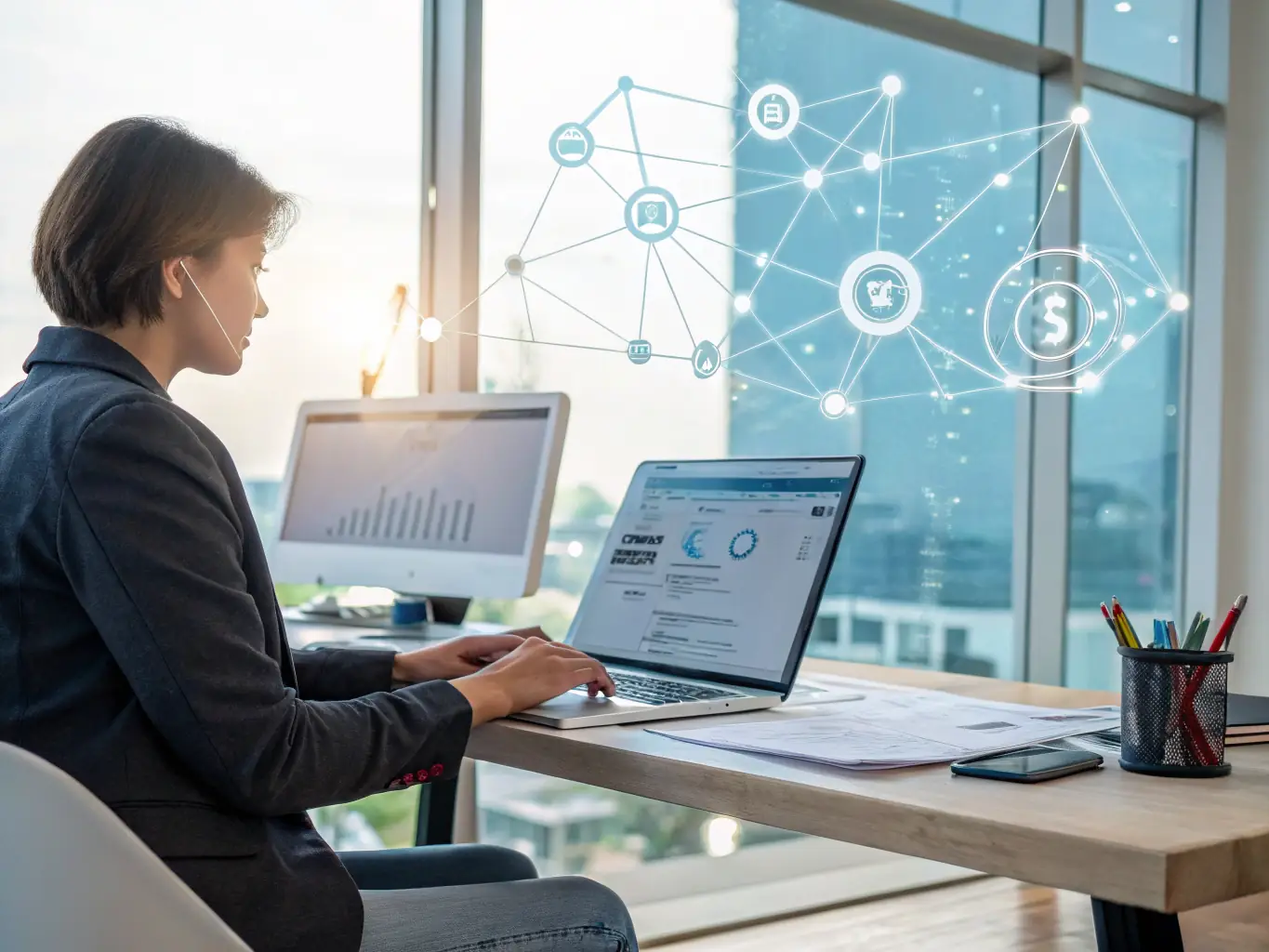 A professional IT consultant reviewing network infrastructure diagrams with a client in a modern office setting, emphasizing the detailed planning and expertise involved in IT service delivery.