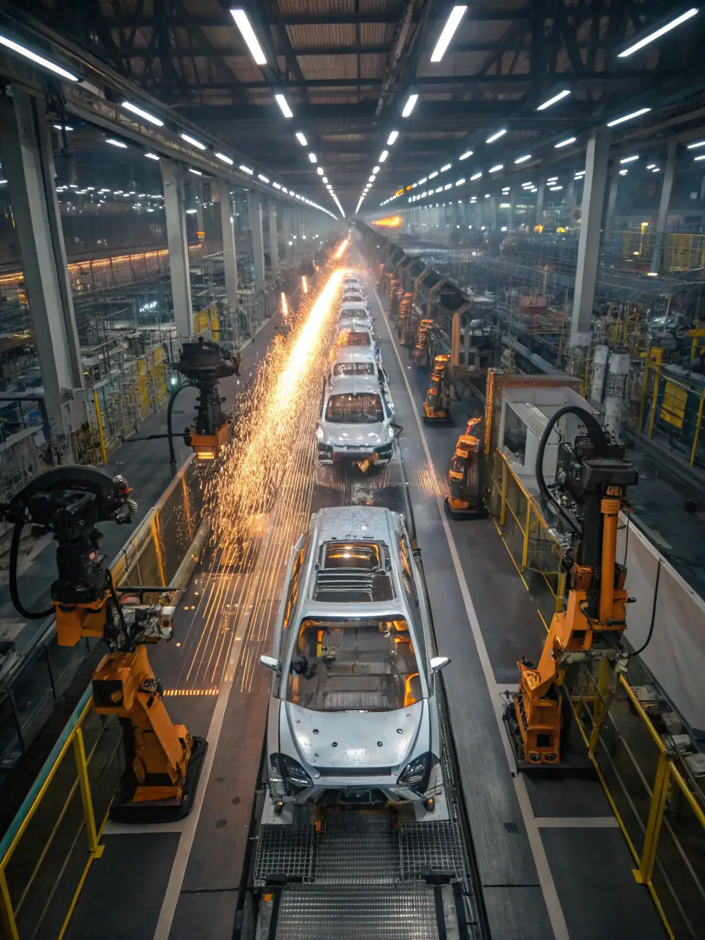 An automotive manufacturing plant with robots assembling car parts, showcasing SOS's managed manufacturing services for the automotive sector.
