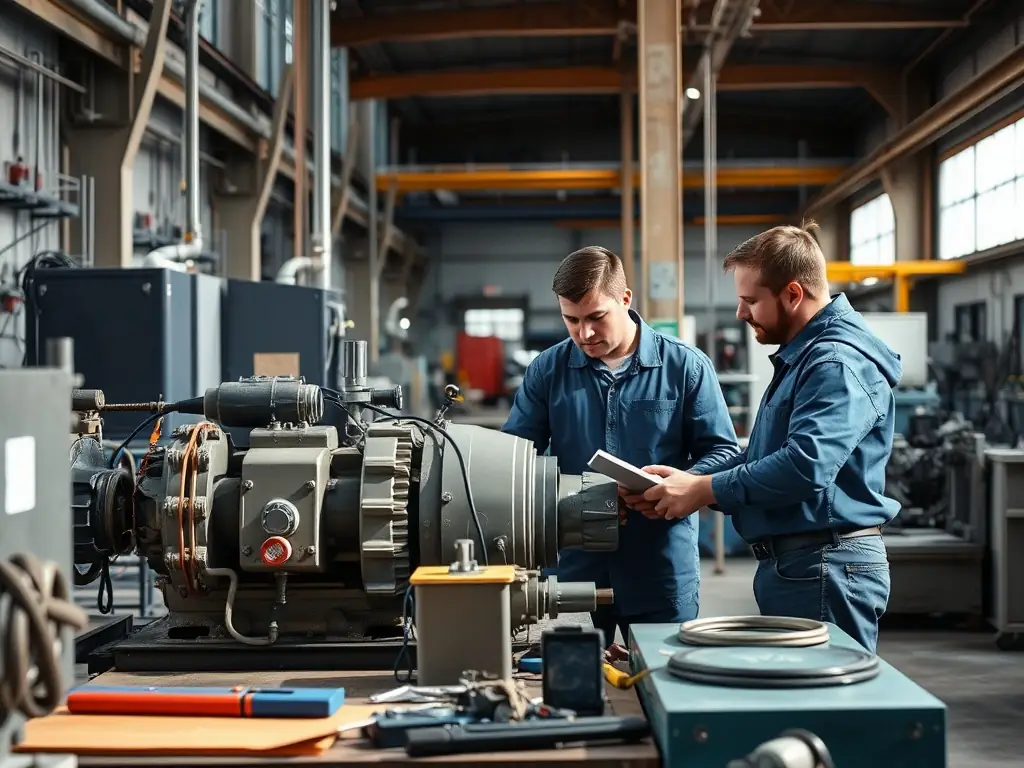 A photograph of a manufacturing plant floor with engineers analyzing processes, representing manufacturing issue resolution. The image should highlight problem-solving and precision.