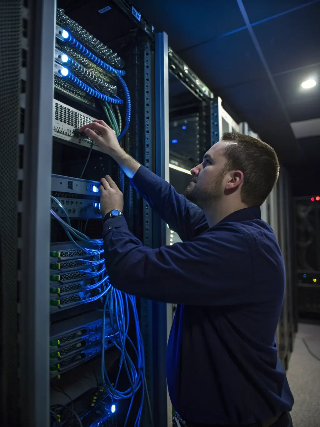 A network engineer configuring a secure server room, adhering to ISO 27001 standards for information security management in managed systems.