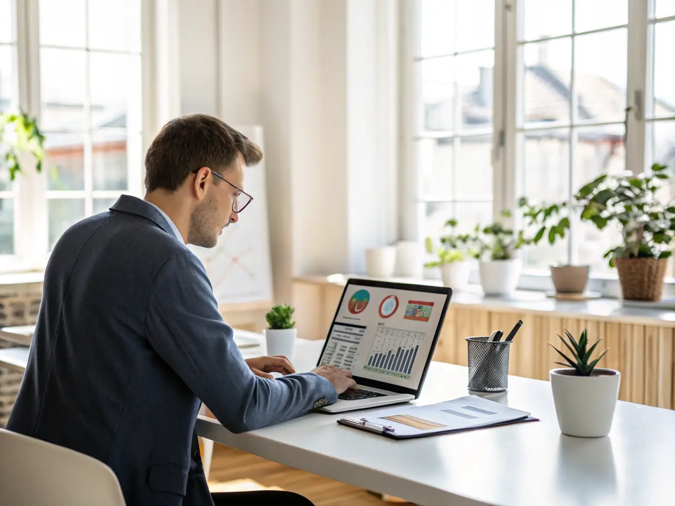 A professional consultant reviewing data analytics on a laptop, showcasing data-driven insights and strategic decision-making for IT service optimization.