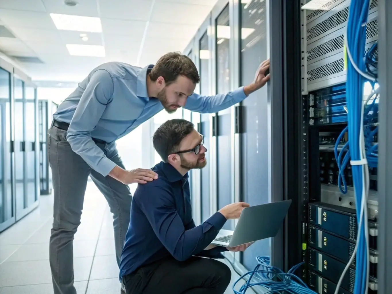 IT professionals monitoring a secure server room, ensuring data integrity and system reliability for managed IT services.