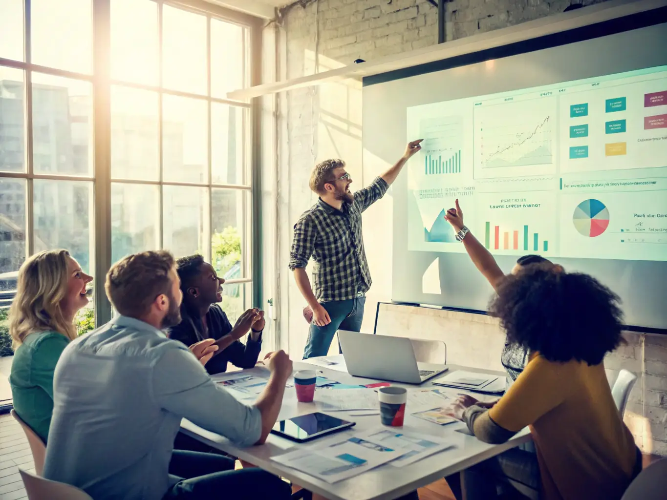 A team of consultants collaborating in a meeting room, discussing strategies for cost reduction and process optimization, with whiteboards displaying project timelines and key performance indicators.