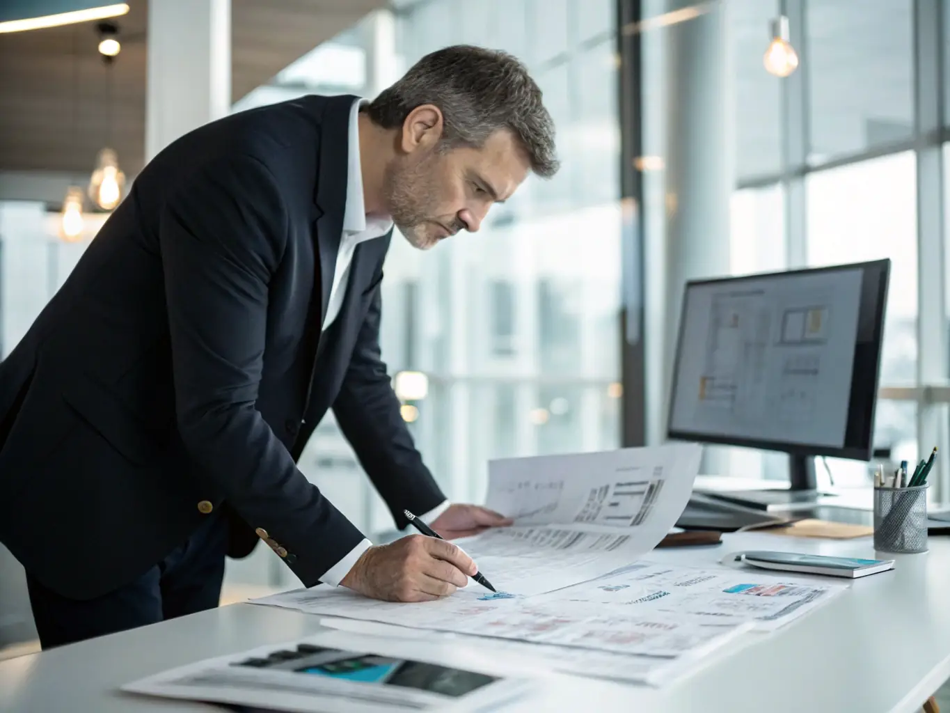A professional IT consultant reviewing network infrastructure diagrams in a modern office setting, emphasizing the detailed planning and expertise involved in ISOProSolutions' IT services.