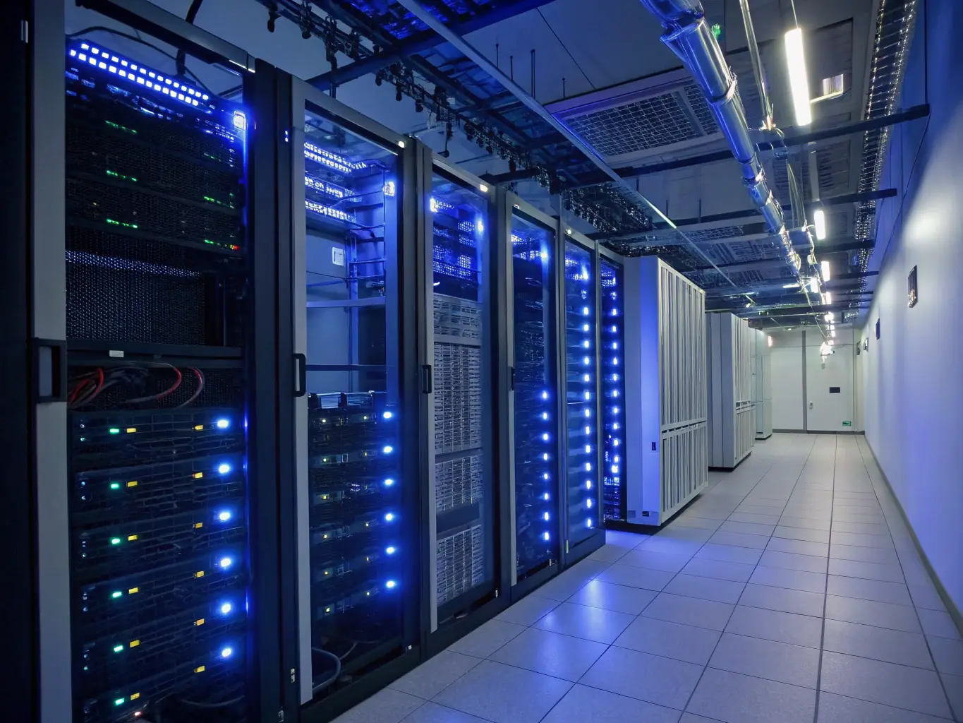 A secure data center with multiple servers, emphasizing the security and reliability of managed systems.