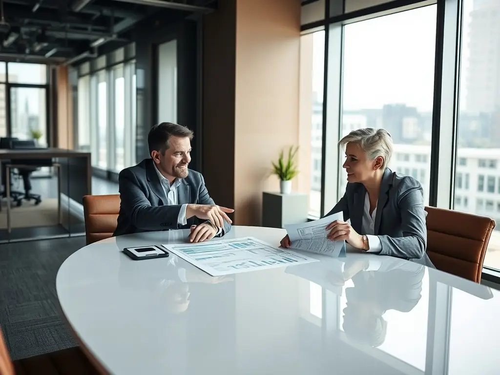 A professional consultant is reviewing business process diagrams with a client in a modern office setting, emphasizing the collaborative nature of managed business services.