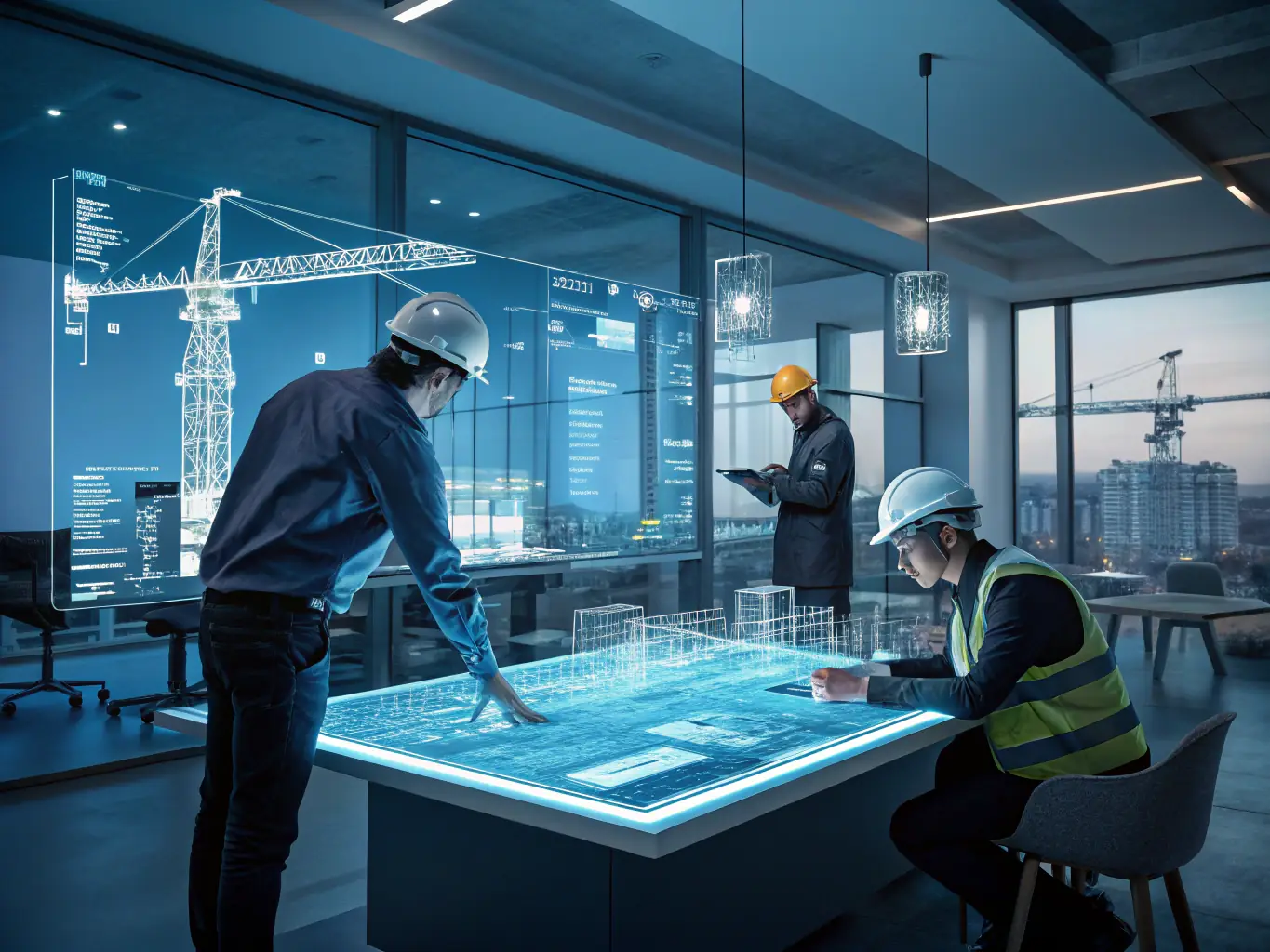 Engineers collaborating on a complex systems integration project, using digital tools to visualize and optimize system architecture.