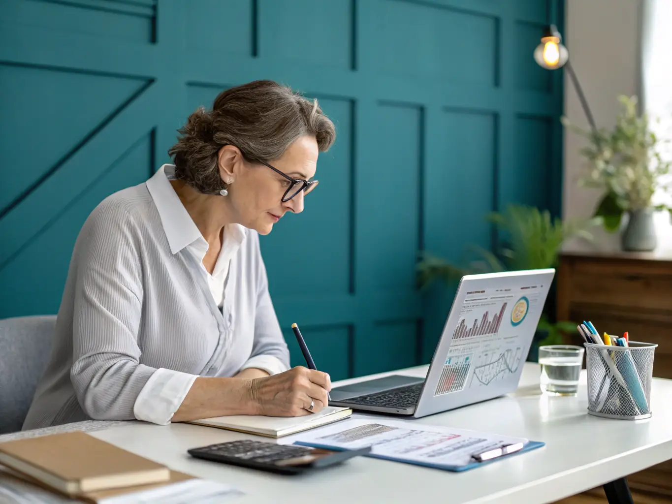 A professional consultant is analyzing data on a laptop, with charts and graphs visible on the screen, in a modern office setting. The image represents data-driven decision-making and improved efficiency.