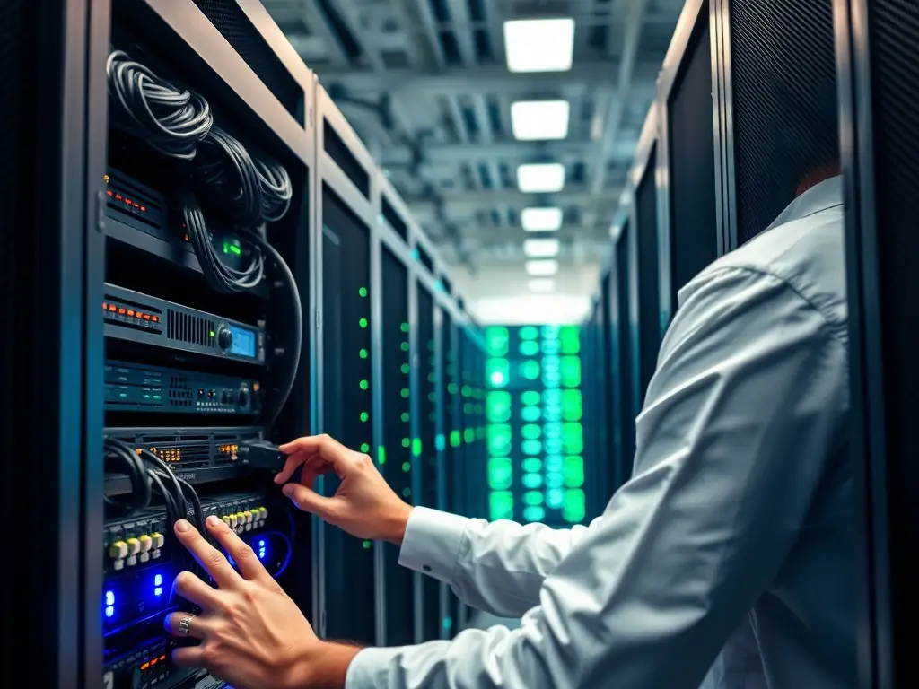 A network engineer configuring a server in a modern data center, highlighting the technical expertise in managing IT infrastructure.