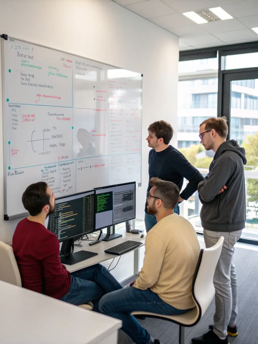 A team of engineers collaborating on a complex system design using digital tools, illustrating SOS's systems integration with an INCOSE approach.