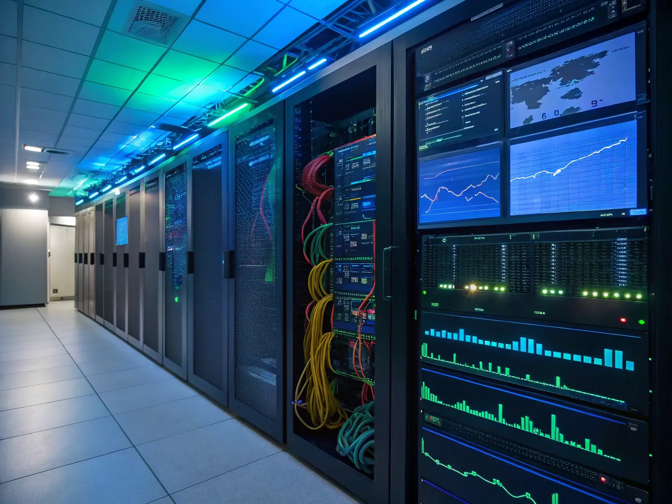 A network administrator monitoring a server room, highlighting the proactive management of IT infrastructure.