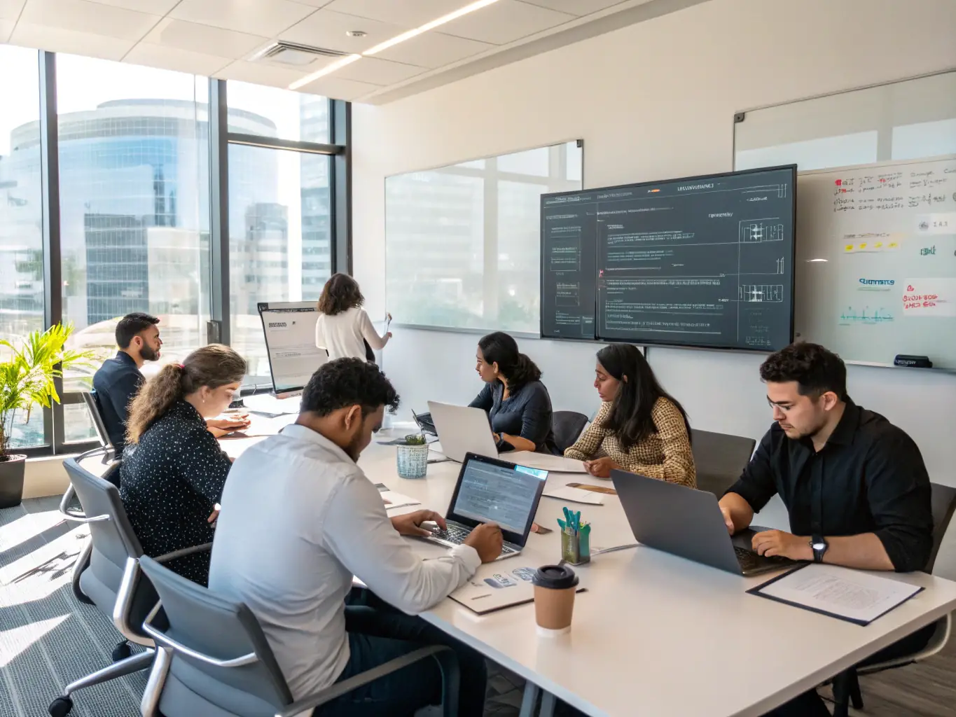 A modern office environment with IT professionals collaborating on a network infrastructure project, showcasing the integration of IT services and managed systems.
