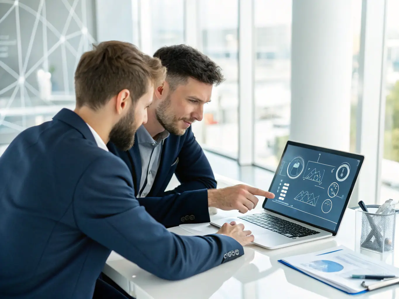 A professional consultant is working with a client in a modern office setting, reviewing system performance data on a laptop, with charts and graphs illustrating efficiency improvements.