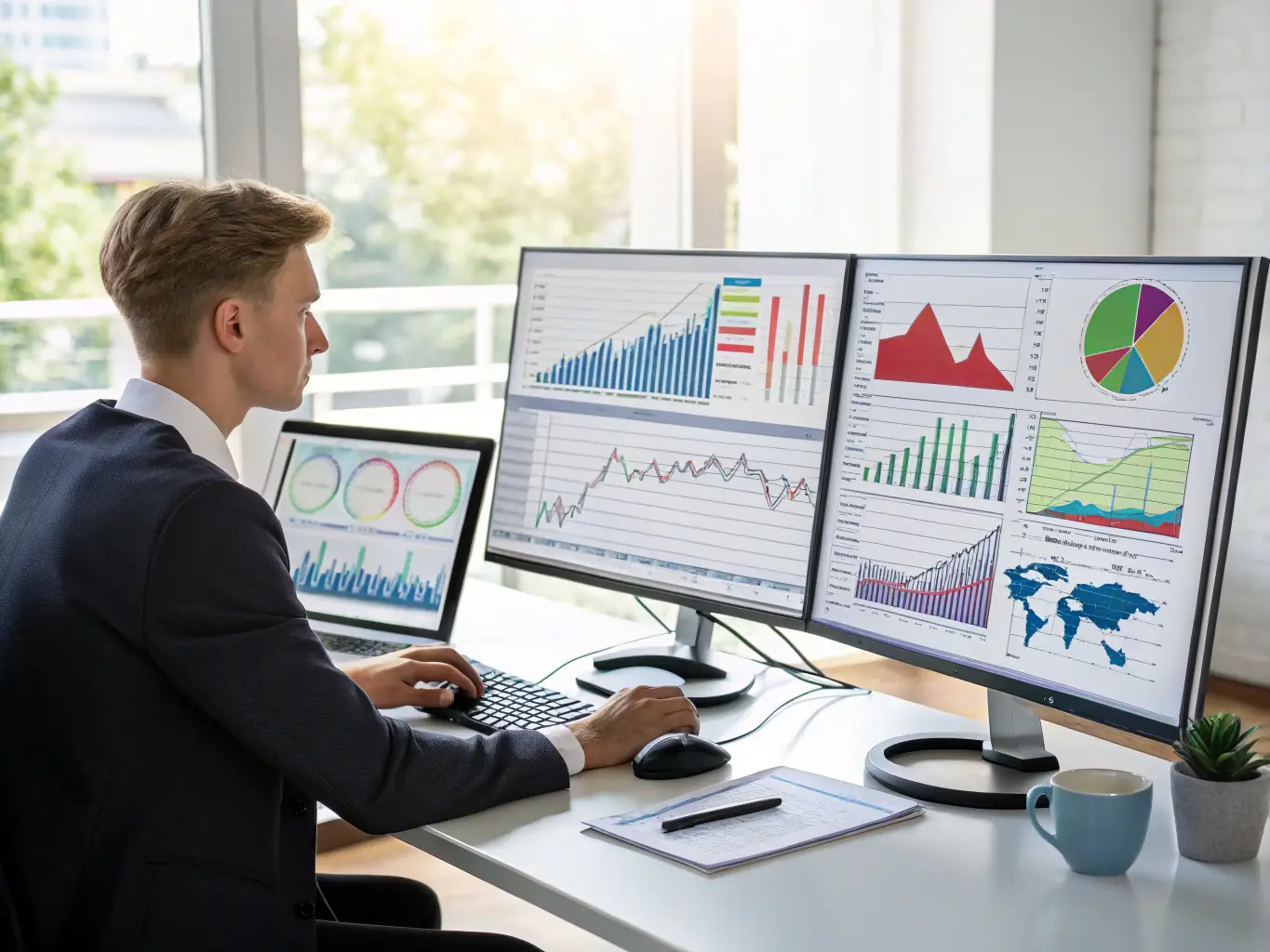 A business analyst reviewing system performance reports, showcasing the data-driven insights provided by managed systems.