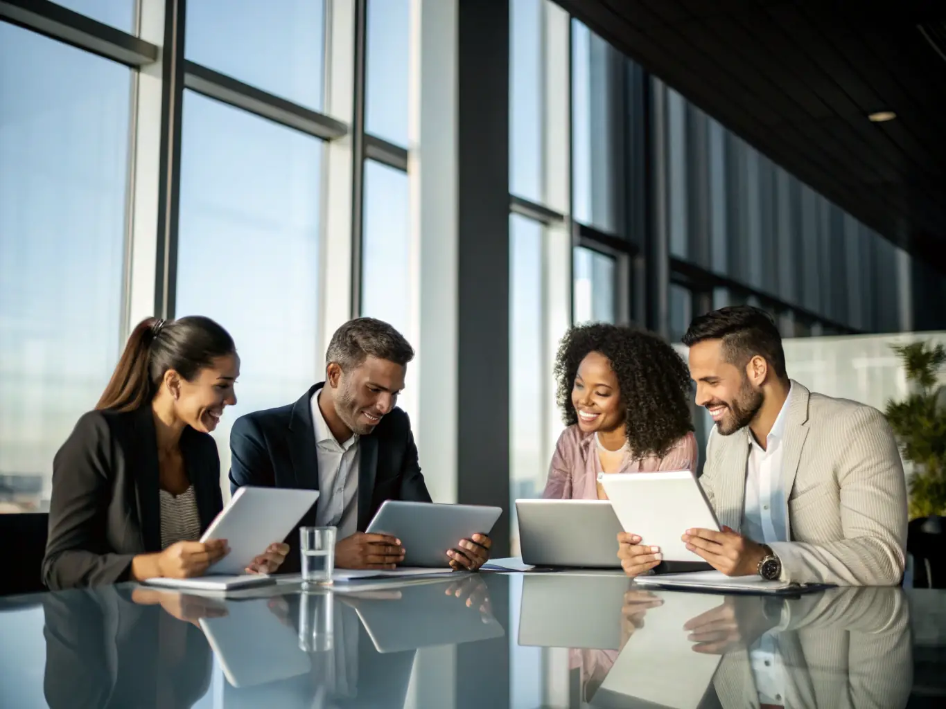 A team of business consultants collaborating on a project in a well-lit conference room, showcasing the collaborative and strategic nature of managed business services.