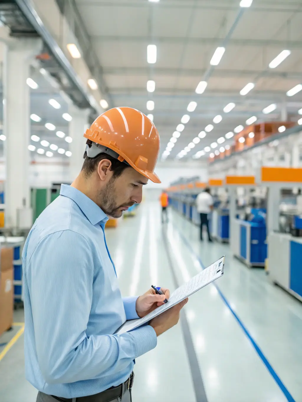 A professional auditor reviewing documents during an IATF 16949 audit in an automotive manufacturing facility, highlighting SOS's expertise in automotive quality standards.