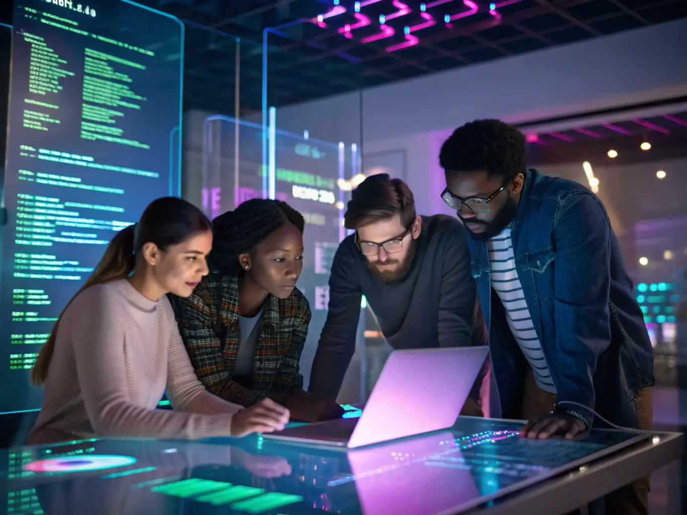 A team of IT specialists collaborating on a software development project, highlighting the innovation and expertise behind ISOProSolutions' custom software solutions.