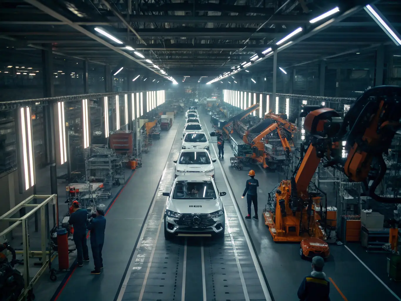 A high-angle shot of an automotive assembly line, focusing on a robotic arm precisely welding a car chassis, with sparks flying and workers in the background monitoring the process.