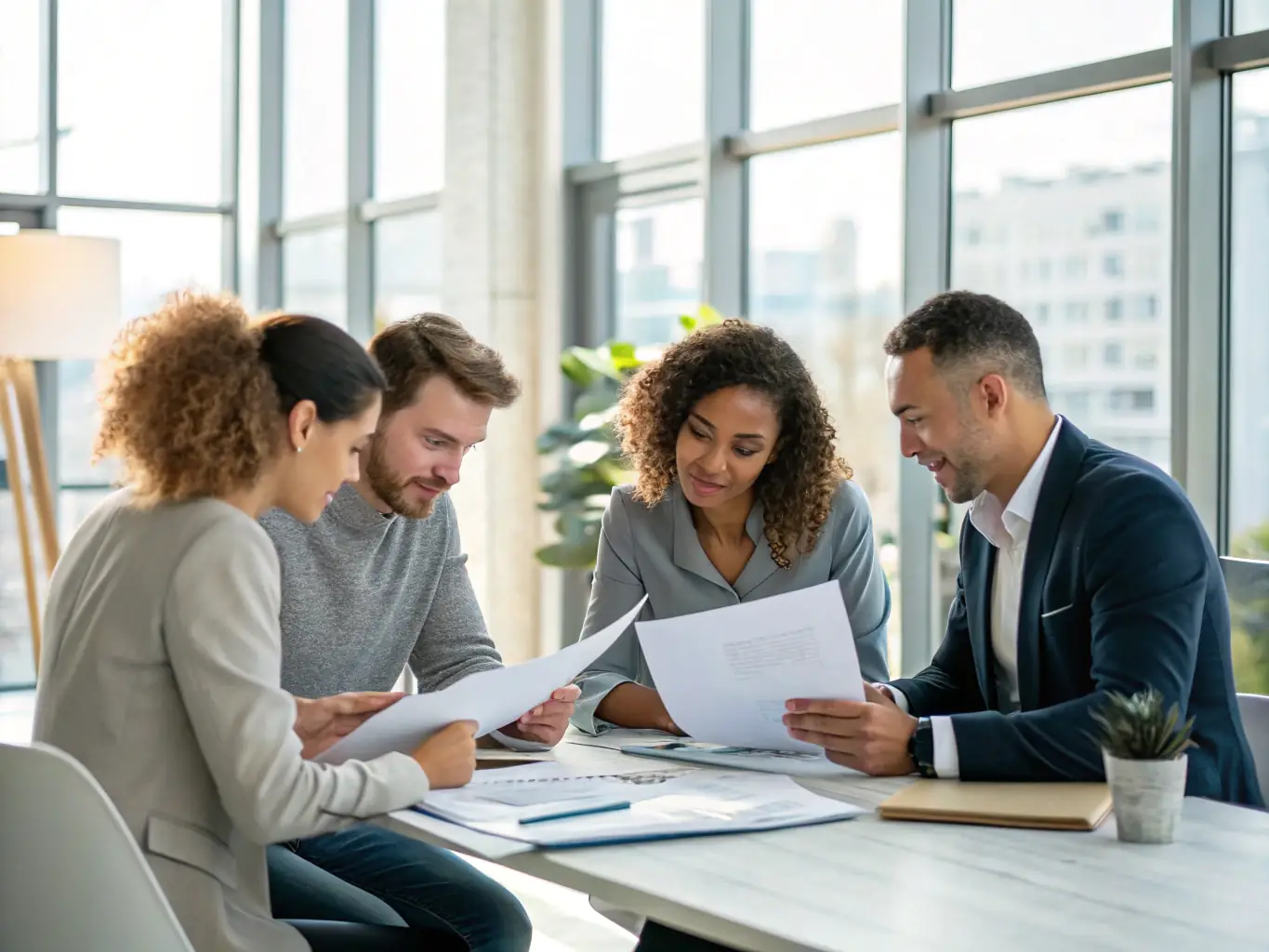 A consultant reviewing ISO 9001 documentation with a client, highlighting key areas for compliance and improvement in a well-lit office.