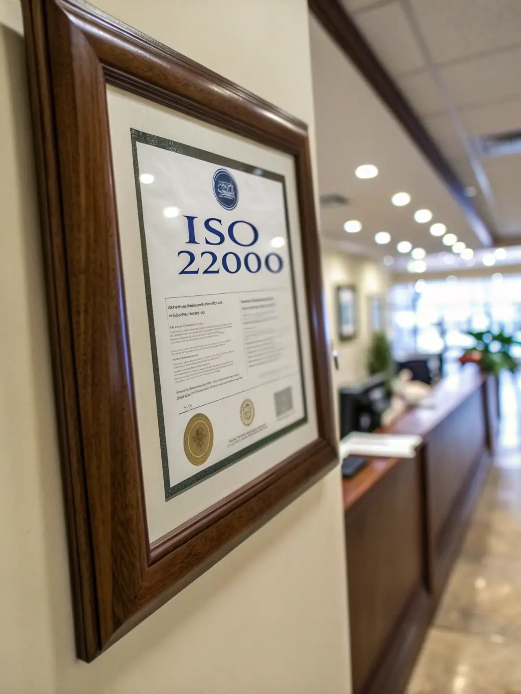 A close-up shot of an official ISO 9001 certificate hanging on a wall, symbolizing quality management system certification for SOS consulting clients.