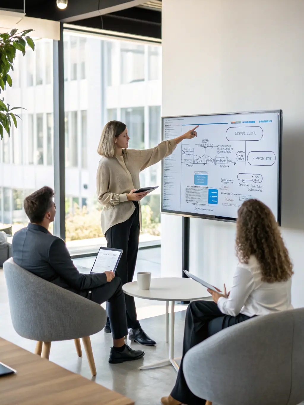 A business analyst presenting a compliance report, demonstrating adherence to ISO 45001 standards for occupational health and safety in business services.