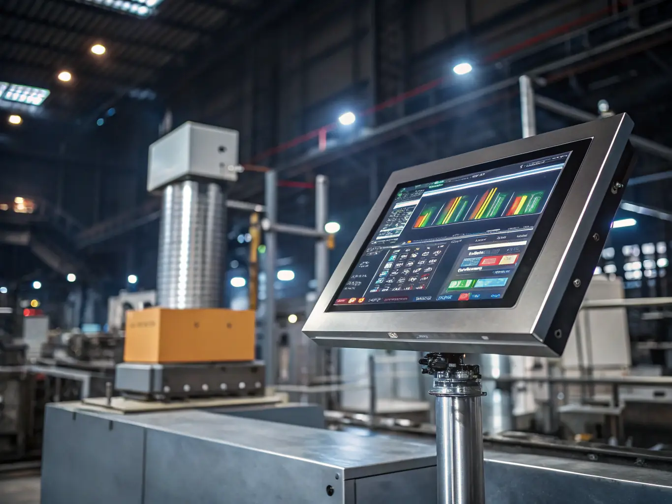 A close-up shot of a technician using a digital interface to monitor and optimize a manufacturing process, with data visualizations and charts displayed on the screen.