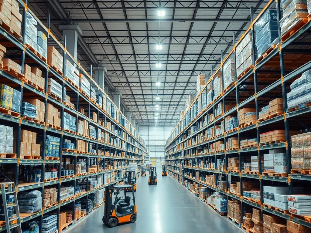A wide shot of a well-organized automotive parts warehouse, with shelves stocked with components and forklifts moving materials, showcasing efficient supply chain management.