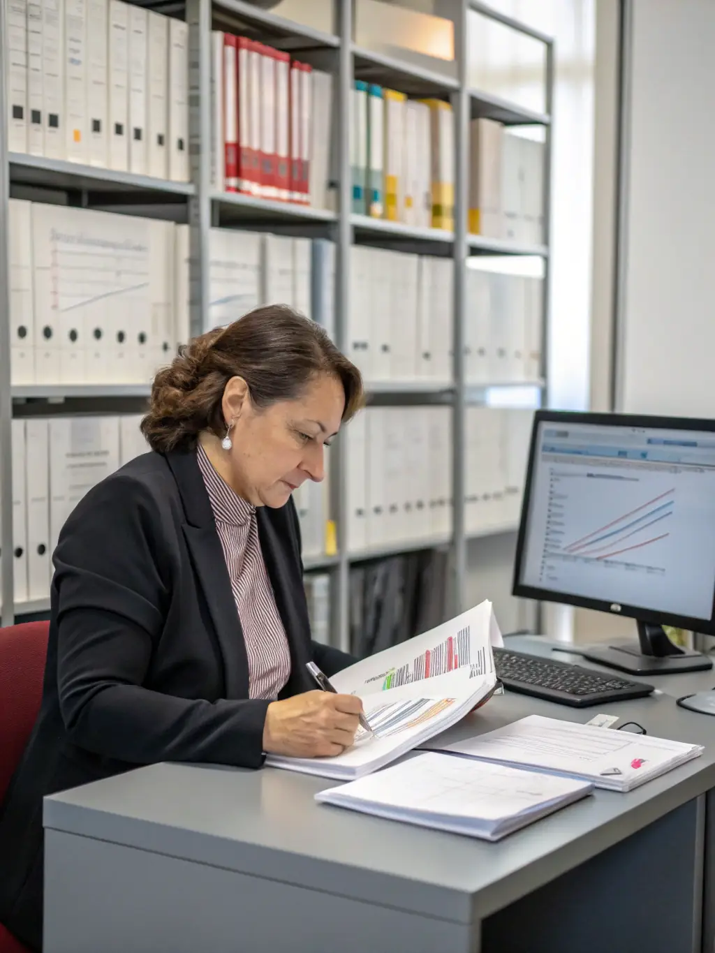 A professional auditor reviewing documents in a well-lit office, symbolizing ISO 9001 certification support provided by SOS.