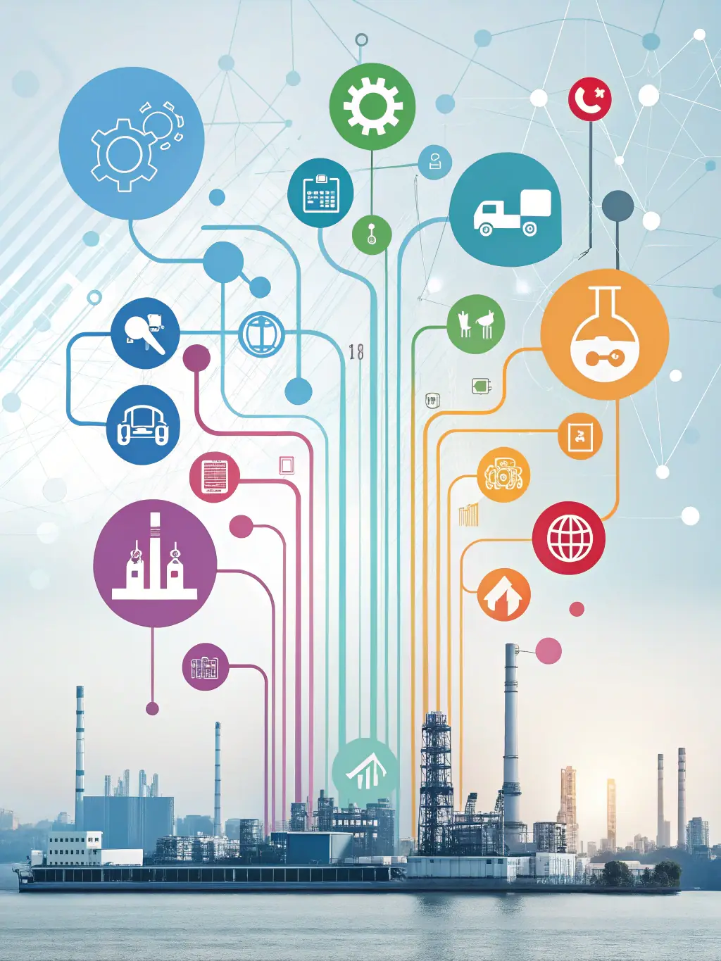 A visual representation of different software applications communicating with each other, highlighting the interoperability achieved through ISOProSolutions' systems integration services.