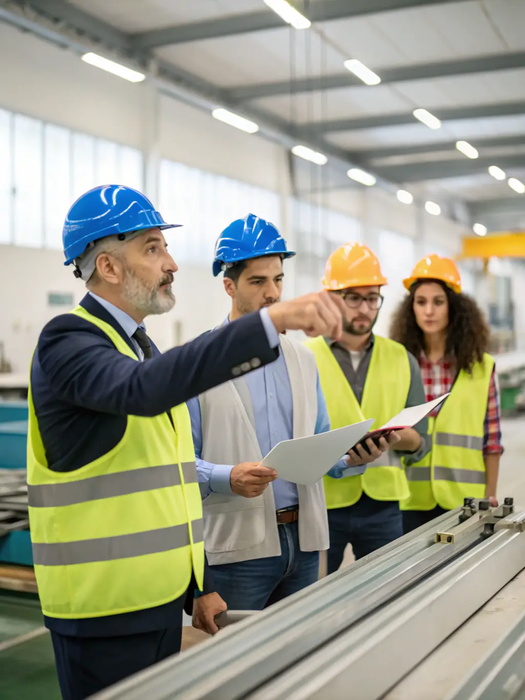 A consultant reviewing manufacturing processes on a factory floor, implementing ISO 14001 standards for environmental management in manufacturing support.